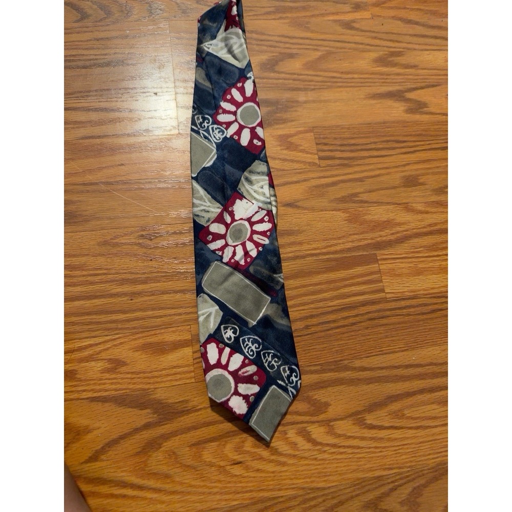 St Michael Marks & Spencer 100% Silk Tie Navy Red Geometric Made in UK